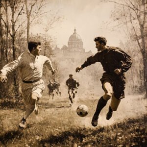 historic soccer players running with ball
