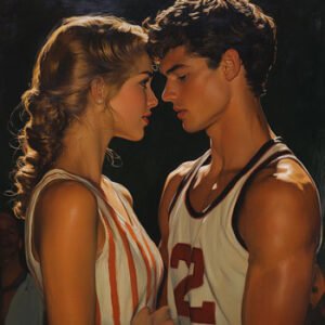 young basketball player holding girlfriend, looking to kiss her
