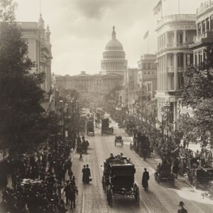 historic photograph of the 1900s with oldtimers driving through streets