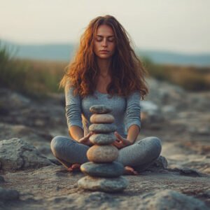 beautiful young woman meditating in front of rock balancing art in nature