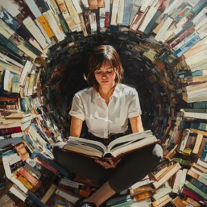 image of young woman reading book with artistic background made up of books
