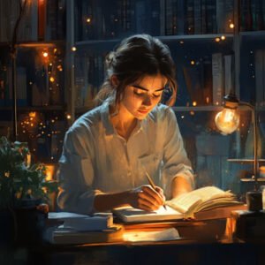young woman in home office writing in book