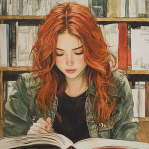 female student with read hair studying book