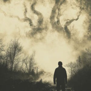 supernatural creature showing silhouette in foggy night with man watching