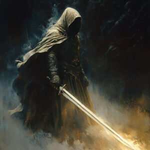 mysterious dark being with fog around and with glowing sword
