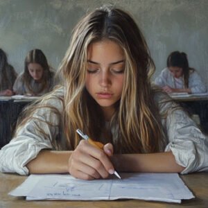 female student taking test in school