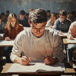 male student taking test in school