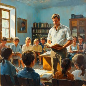teacher teaching class and holing open book