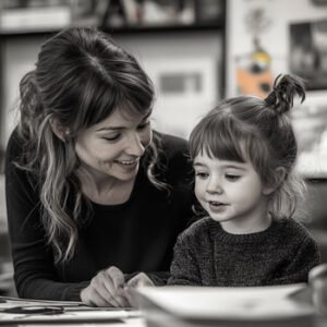 young mother teaching her daughter