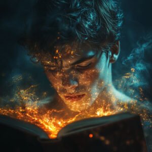 male teenager reading mysterious glowing book