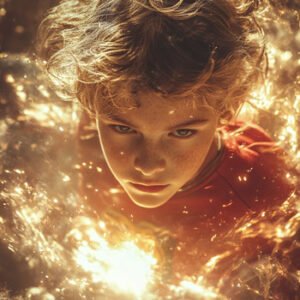 young male teenager with superpowers surrounded by mysterious golden glow