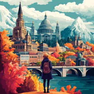 woman in autumn standing in front of water watching city