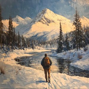 man hiking through winter at river with mountains and trees in the background