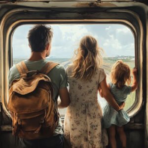 father, mother and child travelling with train, looking through a window
