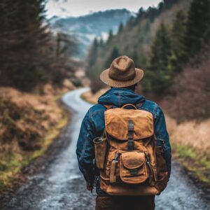 man hiking on path through forest