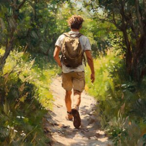 man walking on path through woods