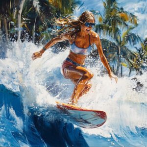 happy female surfer surfing on wave