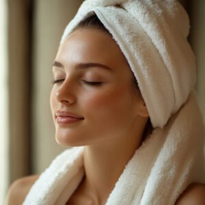 young woman with towel relaxing at wellness spot