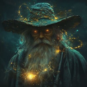 sorcerer with glwoing eyes and sparks around him