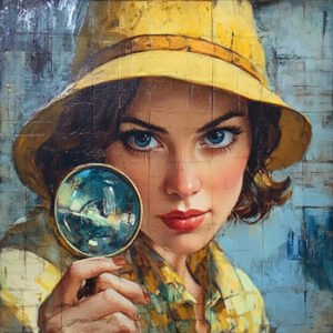 woman sleuth in yellow clothes with magnifier