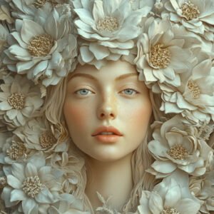 close-up of beautiful young woman with white flowers around her head