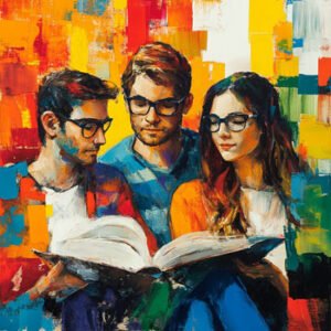 3 friends studying large book