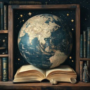 globe on huge book in wooden frame with books in background