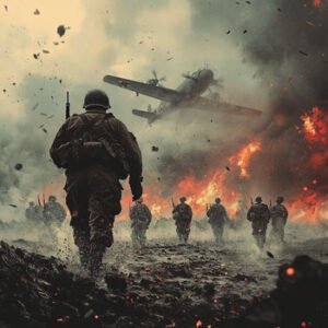 World War II soldiers walking towards fire with playne flying