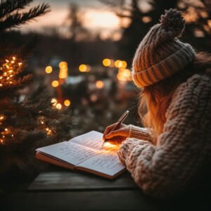 woman blogging about her travel experiences with christmas tree next to her