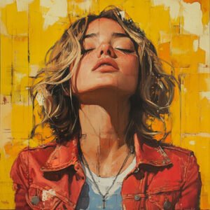 young female blonde adult with red jacket and closed eyes