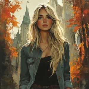 young blonde female with trees and building in the background