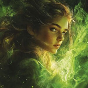 young female adult with green shiny lights around her
