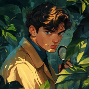 illustration of young male sleuth in rain forest